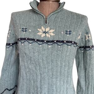 Lands End 100% Wool 1/4 Zip Sweater Women's Size Petite Medium Blue Fair Isle
